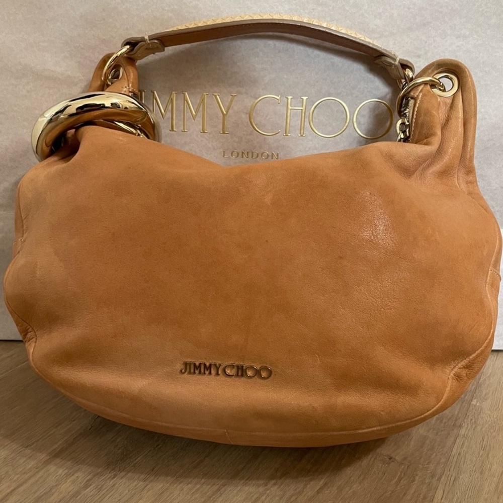 Authentic Jimmy Choo Bag Buttery Tan Leather purse tote hobo handbag gold rings